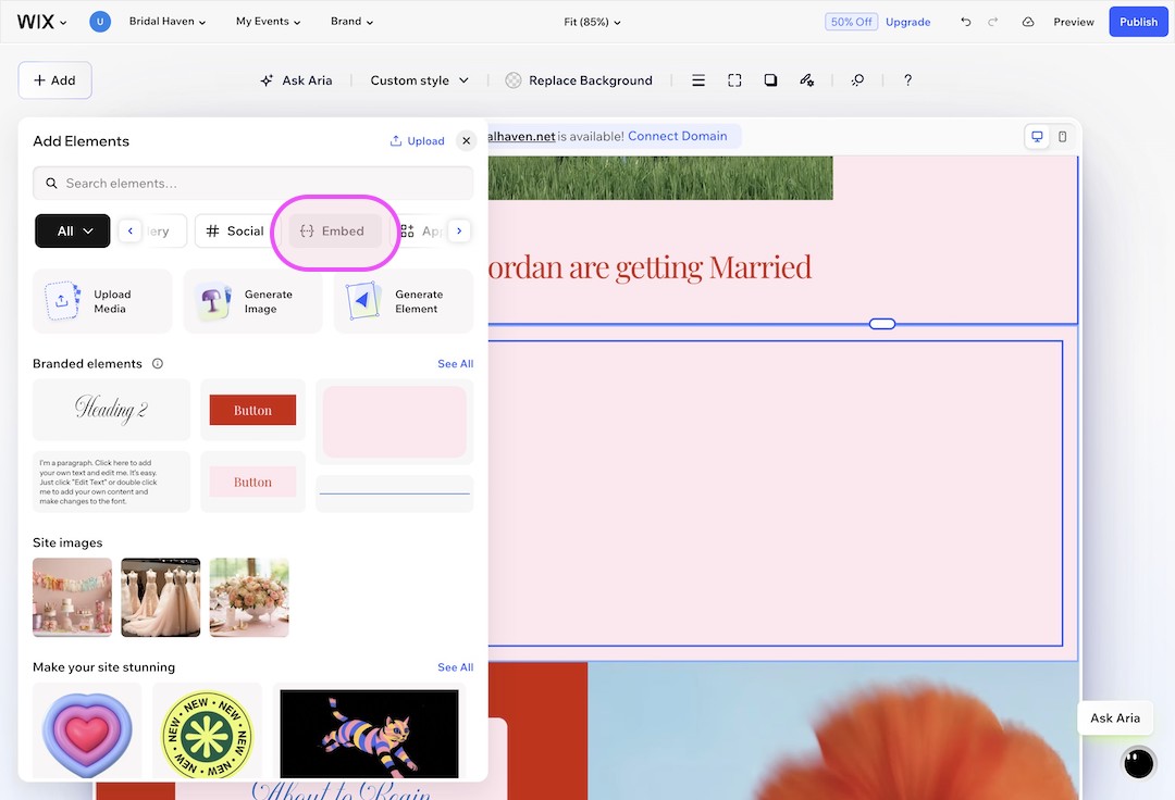 Wix website editor interface showing Add Elements panel with Embed category highlighted and a partially visible wedding-themed webpage in the background.