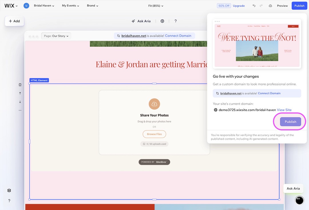 Wix website editor showing a wedding site preview with 'Elaine & Jordan are getting Married' text and a photo upload section, with a publish confirmation dialog.