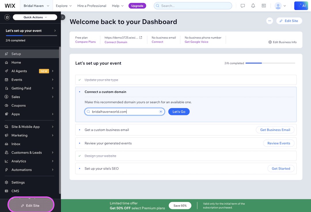 Wix Dashboard screen showing event setup progress with options to connect a custom domain, get business email, review events, and set site SEO.
