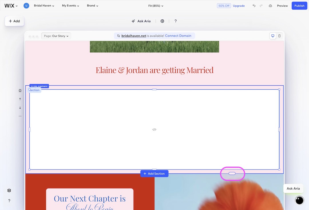 Wix website editor open showing a wedding site with text 'Elaine & Jordan are getting Married' and editing section highlighted.