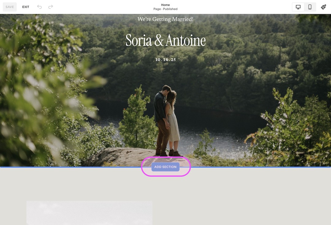 Couple standing on a rock overlooking a forest and lake with wedding text: 'We’re Getting Married! Soria & Antoine 10.14.25'.