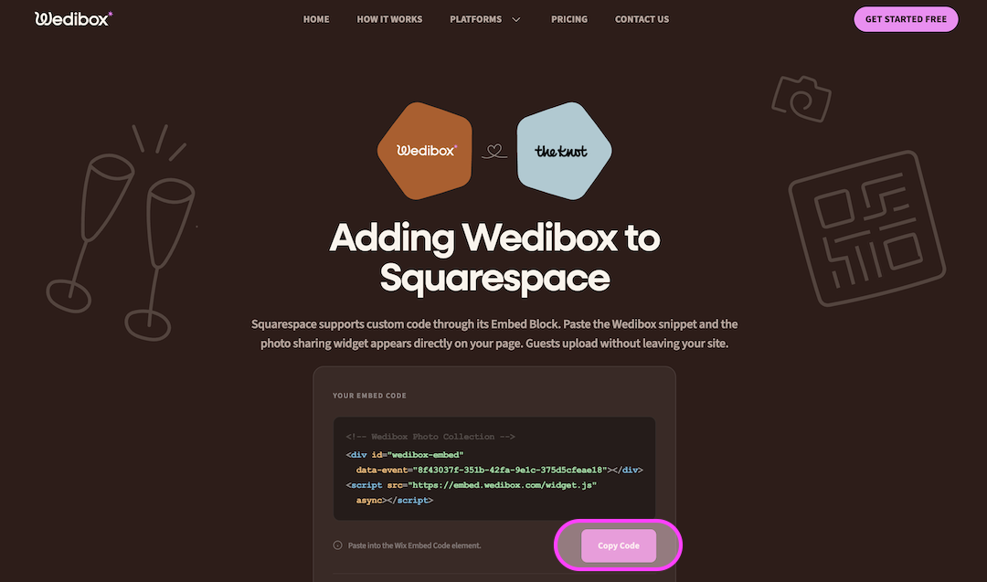 Wedibox webpage showing integration instructions for Squarespace with code snippet and a pink 'Copy Code' button.