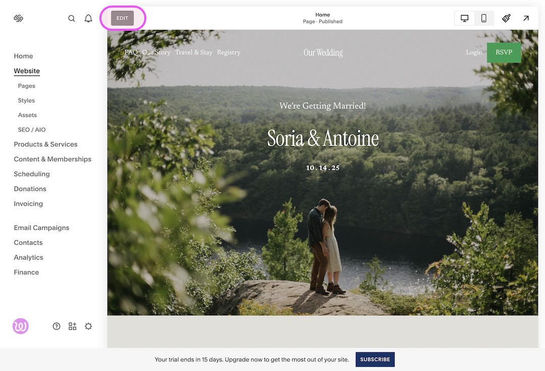 Screenshot of a website editor interface showing a wedding webpage with a couple standing on a rock overlooking a forested lake, text reading 'Soria & Antoine We're Getting Married! 10.14.25', and navigation menus on the left and top.