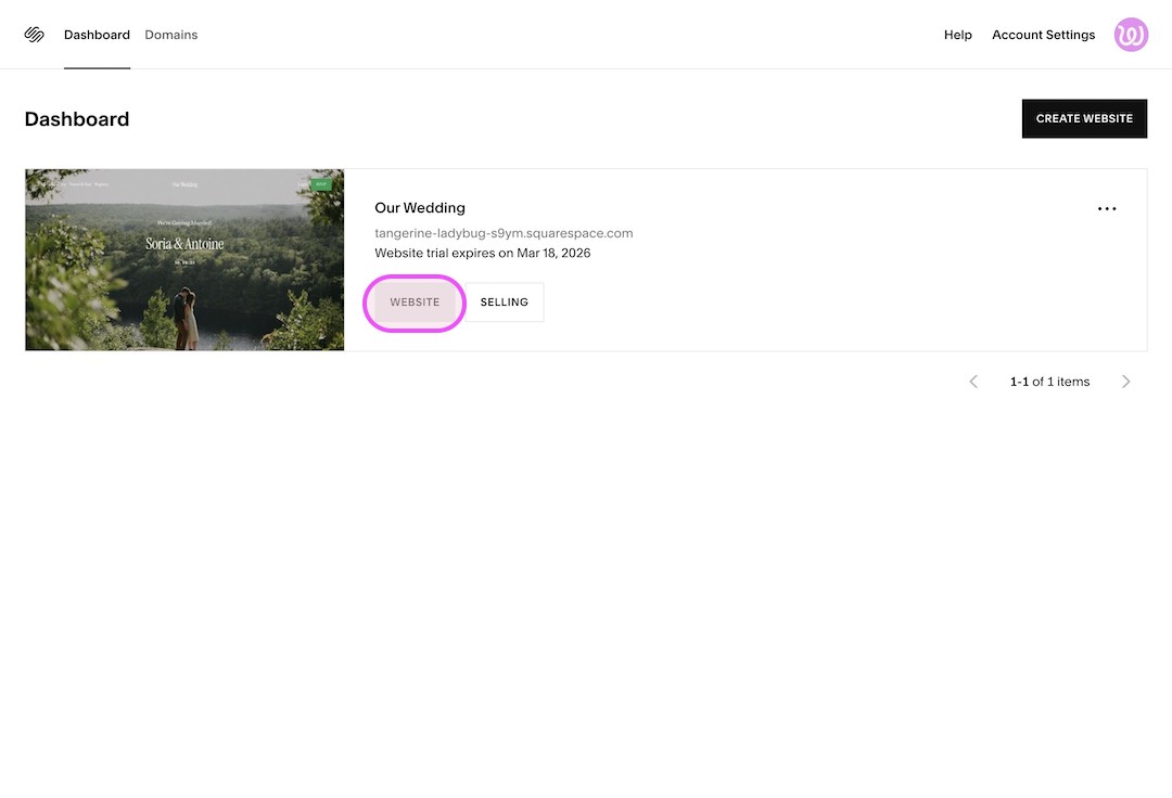 Squarespace dashboard showing one website project titled 'Our Wedding' with a thumbnail of a couple by a river, website URL, expiration date, and buttons labeled Website and Selling.