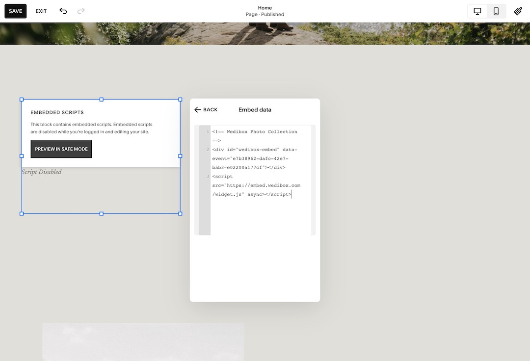 Web editor interface showing an embedded scripts message with a 'Preview in Safe Mode' button and an embed data code snippet for Wedibox Photo Collection.