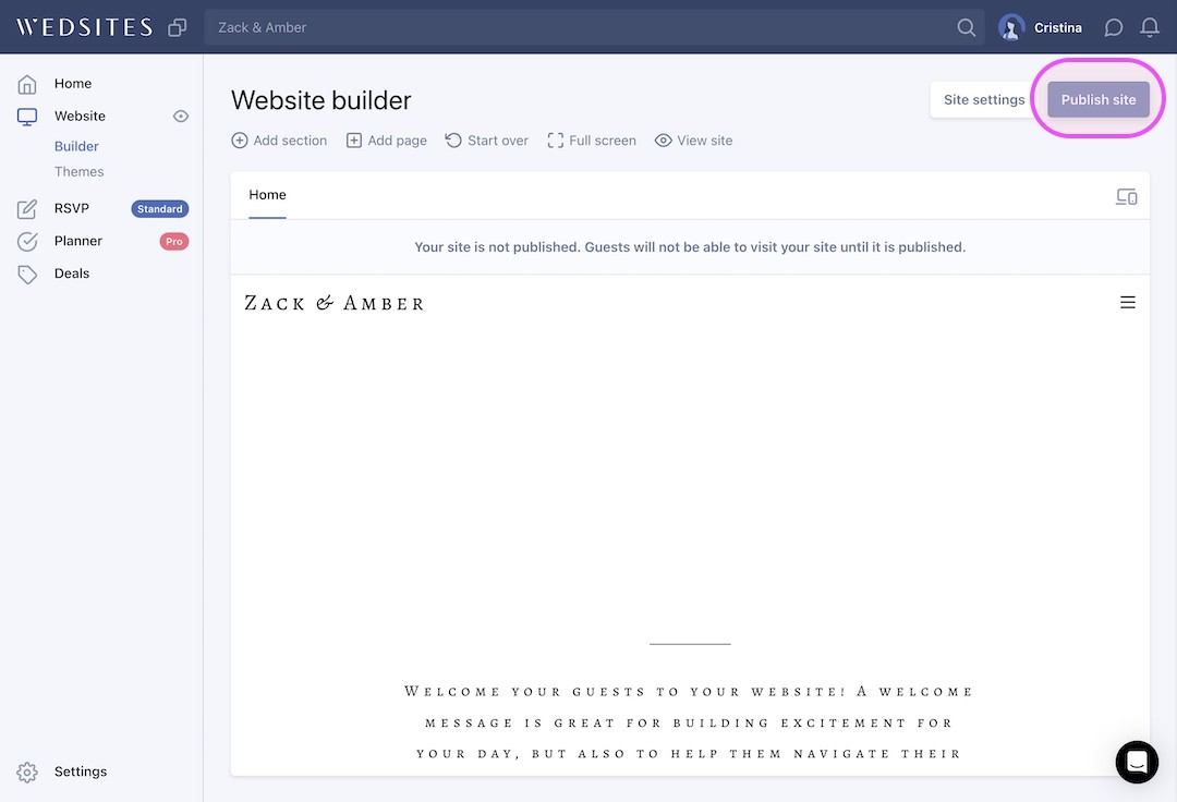 Wedsites website builder interface showing a toolbar, navigation menu on left, and a 'Publish site' button circled in pink on the top right.