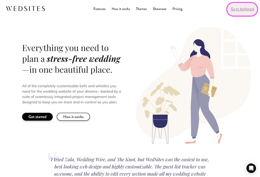 Wedding planning website homepage with text about stress-free wedding planning, navigation menu, 'Get started' and 'How it works' buttons, and illustration of a woman holding a folder next to a potted plant.