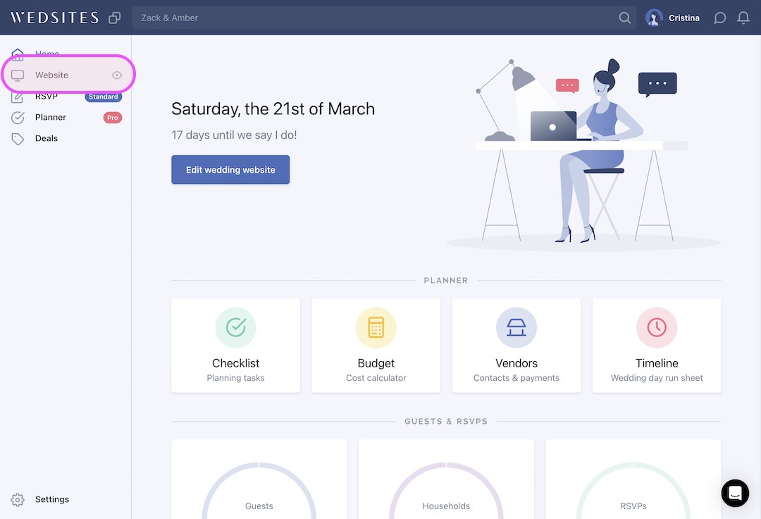 Wedding planning dashboard showing website editing option, countdown to March 21st wedding, planner tools including checklist, budget, vendors, timeline, and guest management sections.