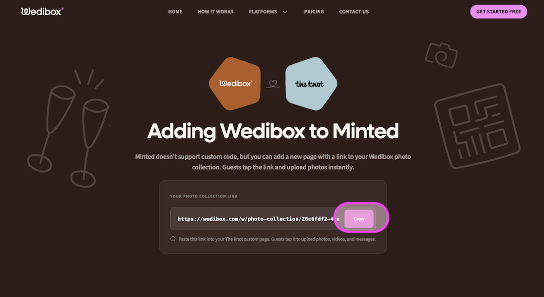 Wedibox webpage showing how to add Wedibox to Minted with a photo collection link and a pink Copy button.