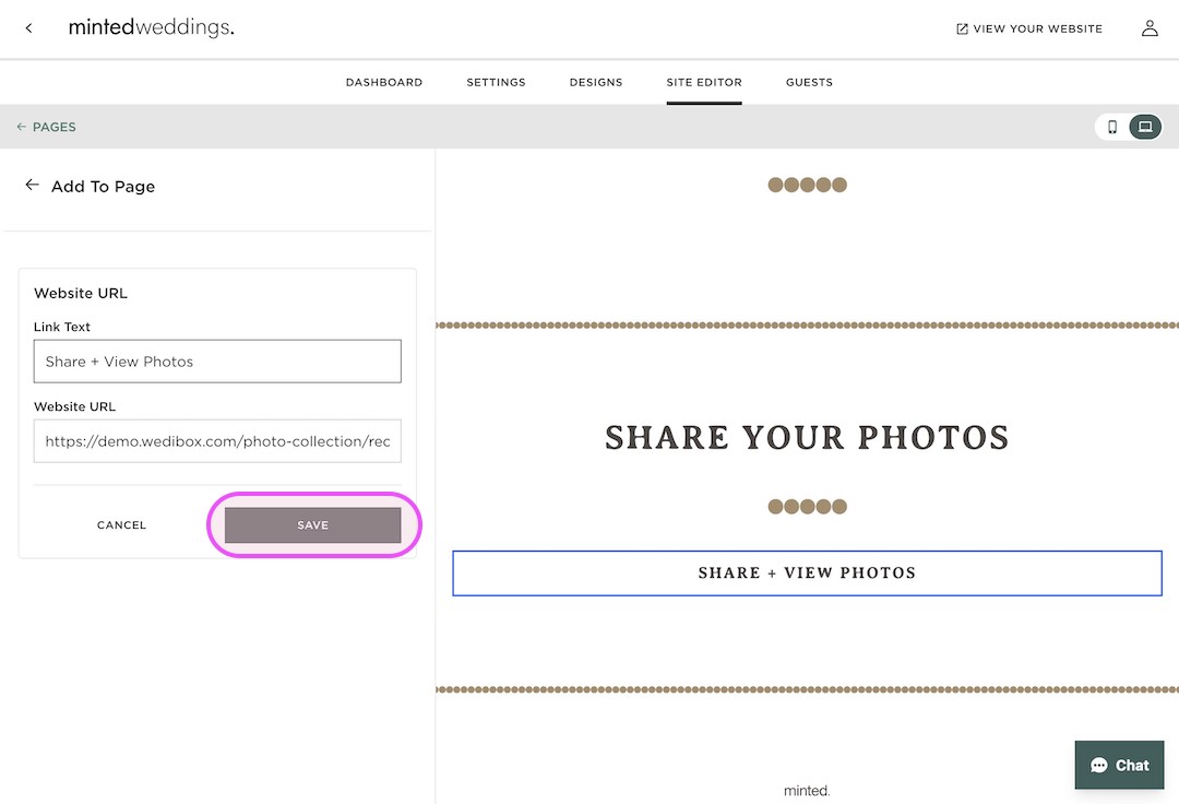 Screenshot of a website editor page for mintedweddings showing a form to add a URL with link text 'Share + View Photos' and a highlighted 'Save' button, alongside a preview section titled 'Share Your Photos' with a button labeled 'Share + View Photos'.