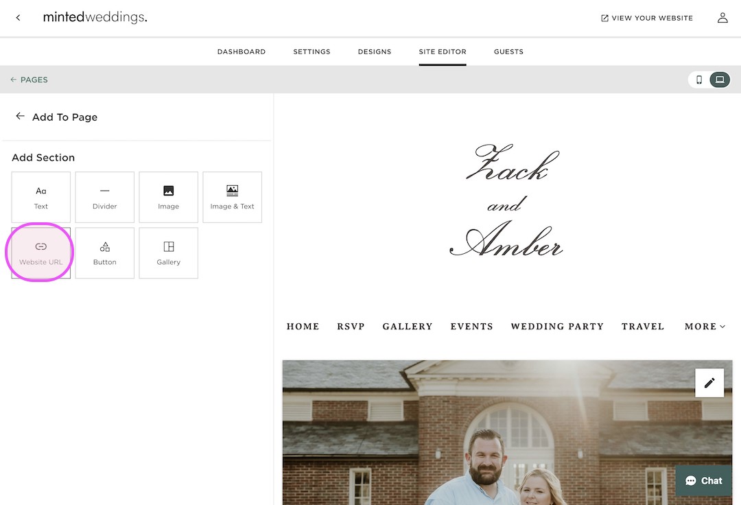 Website editor interface for Minted Weddings showing sections to add including text, divider, image, image & text, website URL (highlighted), button, and gallery, alongside a preview of a wedding website for Zack and Amber with navigation links and a photo of a smiling couple outside a brick building.