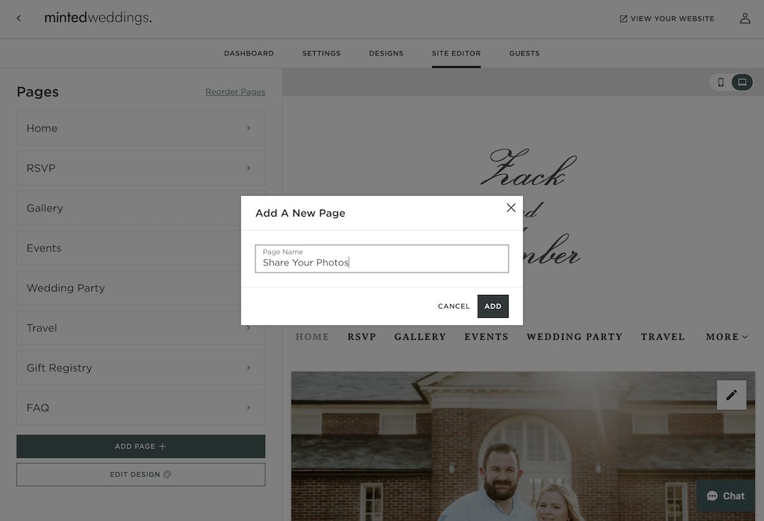 Website editor interface for wedding site with 'Add A New Page' popup to name a new page 'Share Your Photos'.