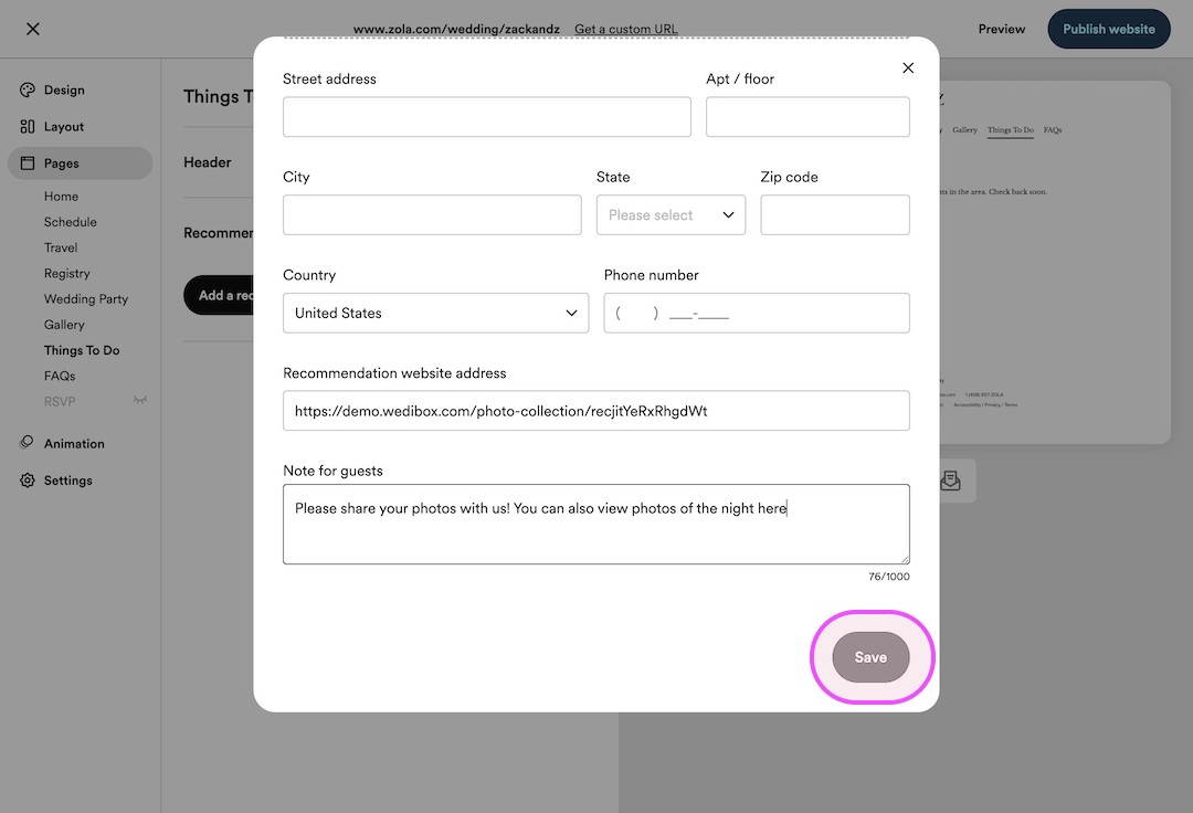 Form window for adding a recommendation with fields for address, city, state, zip, country, phone, website URL, guest note, and a Save button highlighted in pink.