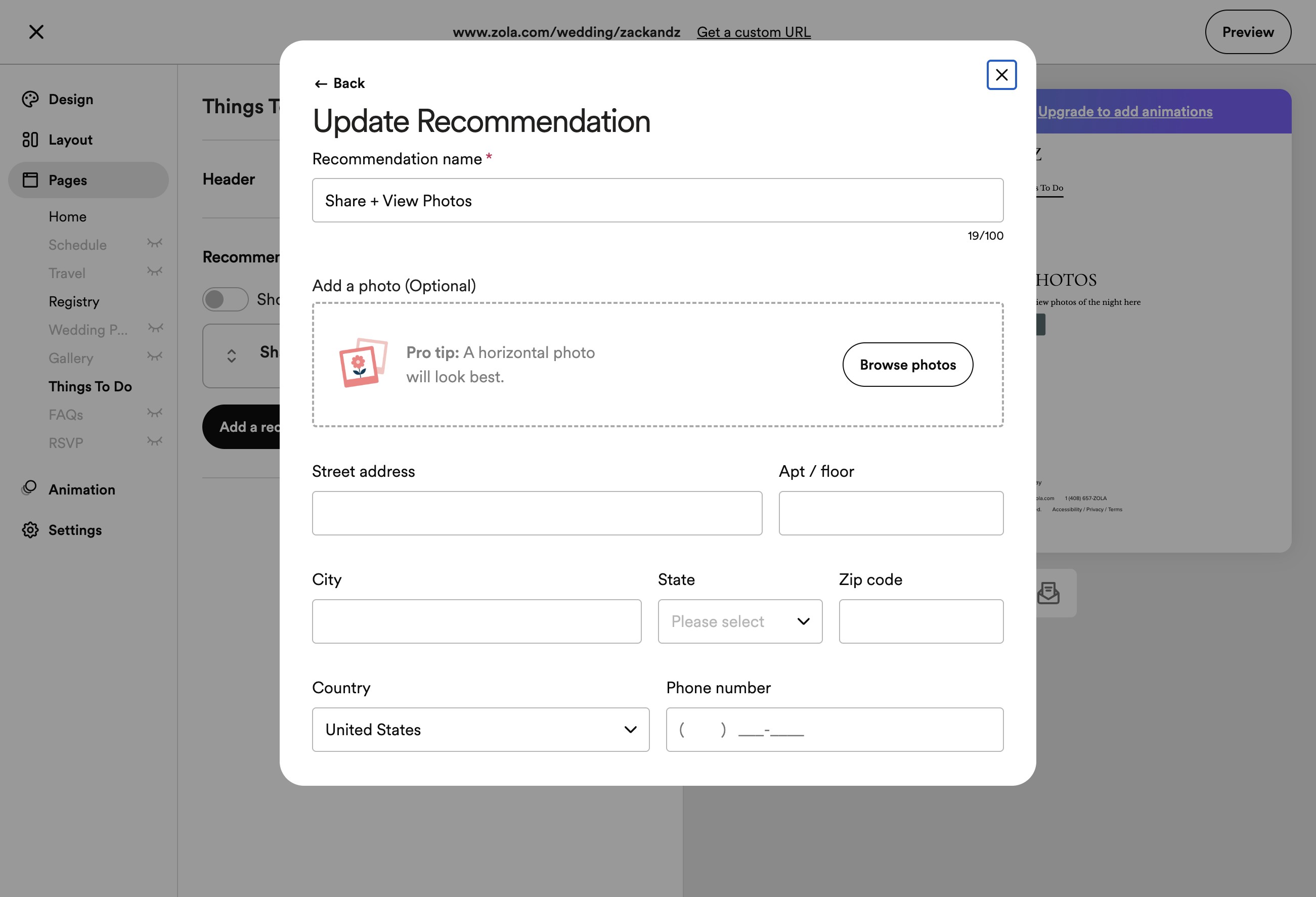 Web interface showing an 'Update Recommendation' form with fields for recommendation name, optional photo upload, address details, country dropdown, and phone number input.