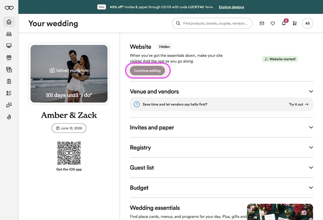 Wedding planning dashboard for Amber and Zack showing 101 days until 'I do', wedding date June 13, 2026, with options to edit website, venue, invites, registry, guest list, budget, and essentials.