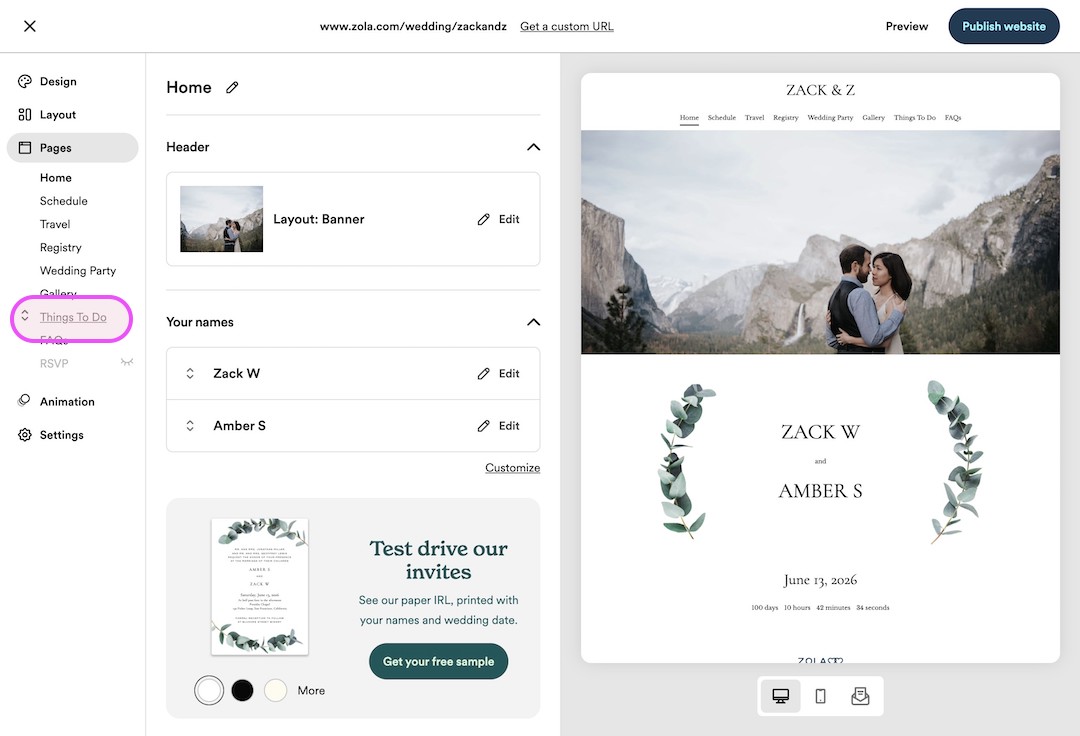 Screen showing wedding website editor with preview of couple embracing in a mountainous landscape and names Zack W and Amber S with wedding date June 13, 2026.