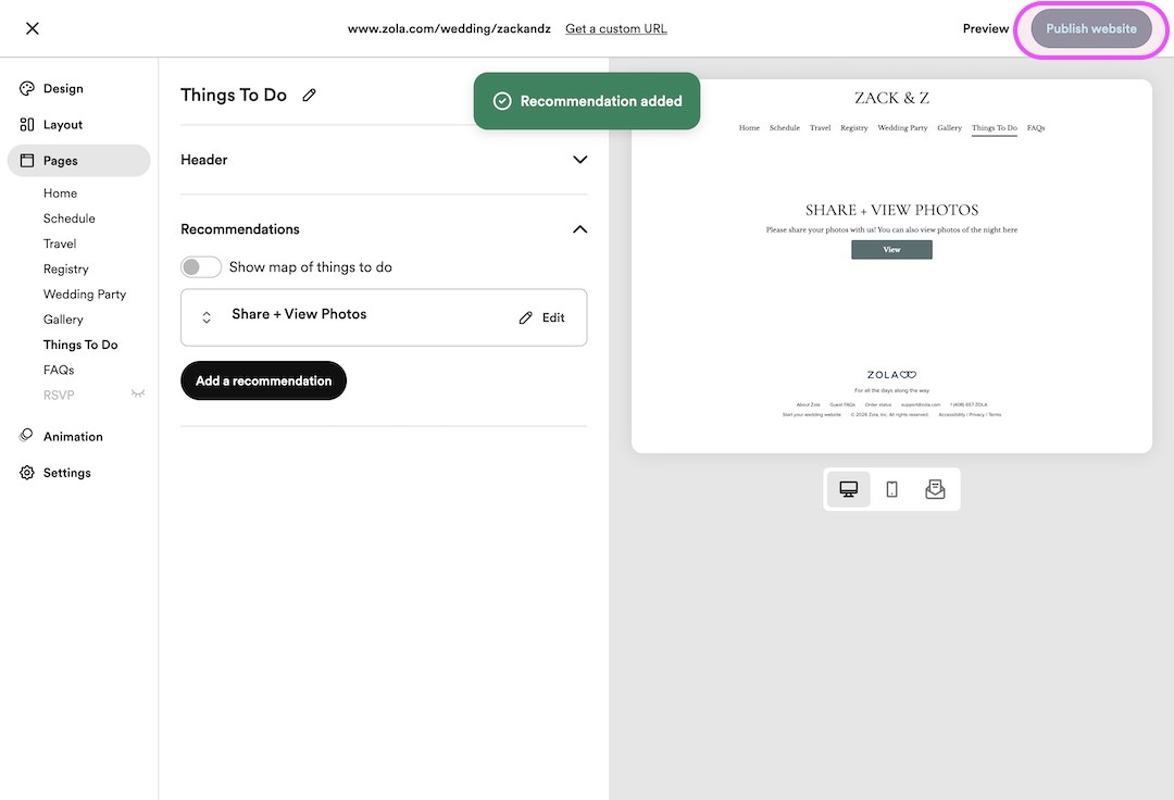 Website editor interface showing a 'Things To Do' page with a recommendation for 'Share + View Photos' and a preview of the wedding website page titled ZACK & Z.