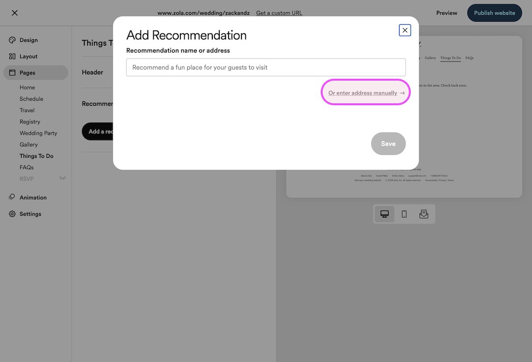 Website interface popup titled 'Add Recommendation' with a text field to enter recommendation name or address and a link to enter address manually.