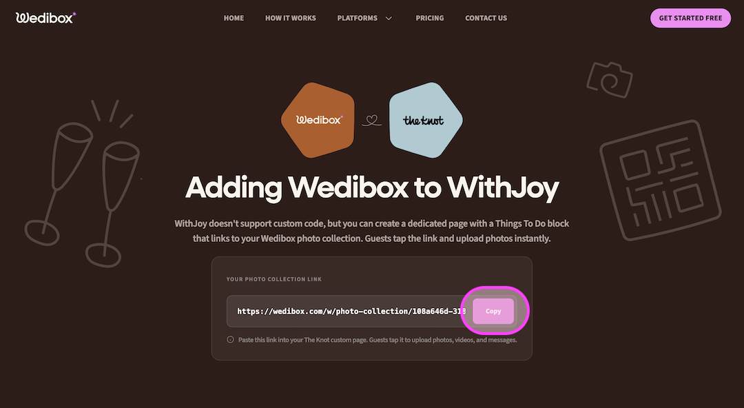 Wedibox webpage showing instructions to add Wedibox to WithJoy with a photo collection link and a highlighted copy button.