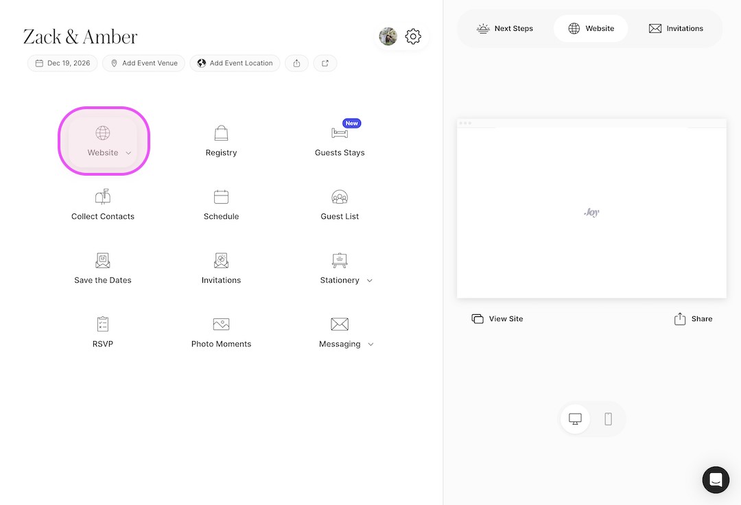 Dashboard interface for Zack & Amber's event planning with options like Website, Registry, Guests Stays, Collect Contacts, Schedule, Guest List, Save the Dates, Invitations, Stationery, RSVP, Photo Moments, and Messaging; Website option is highlighted.