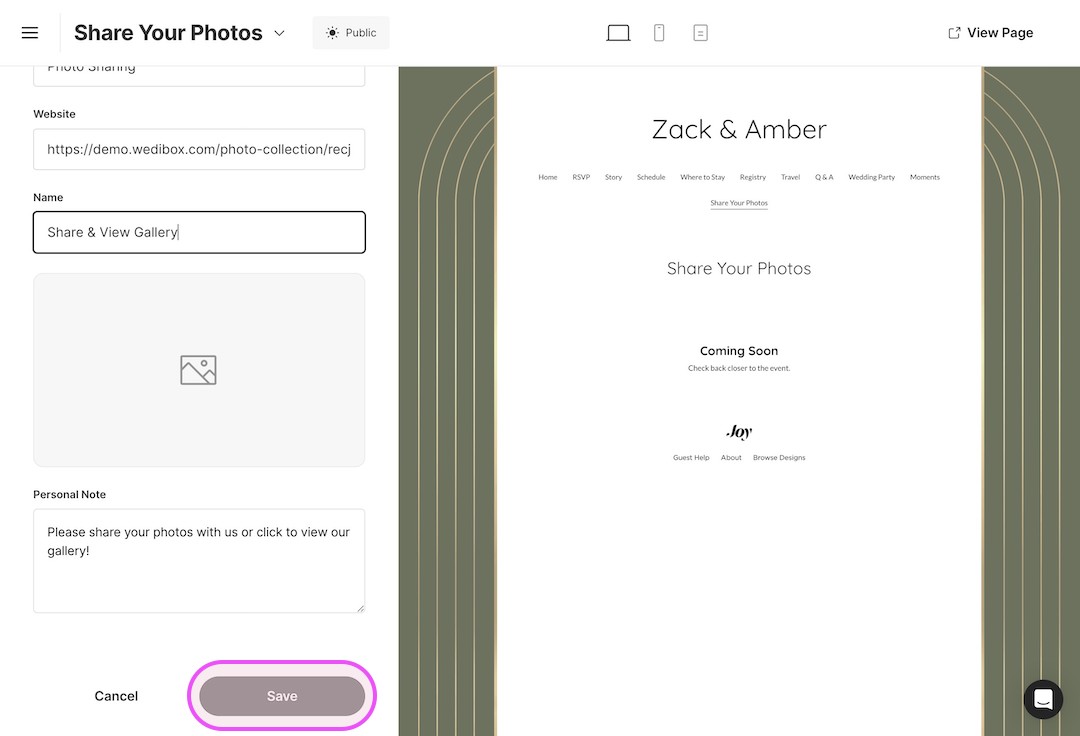 Web interface showing a 'Share Your Photos' page for Zack & Amber's wedding with a 'Coming Soon' message and a sidebar form to input website URL, name, and a personal note with a Save button.
