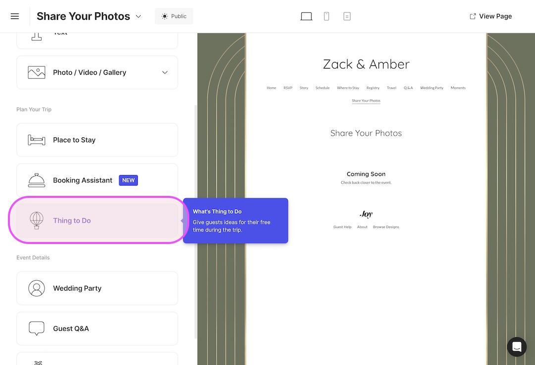 Website interface for sharing photos on Zack and Amber's wedding site with menu options including Place to Stay, Booking Assistant, and Thing to Do highlighted.