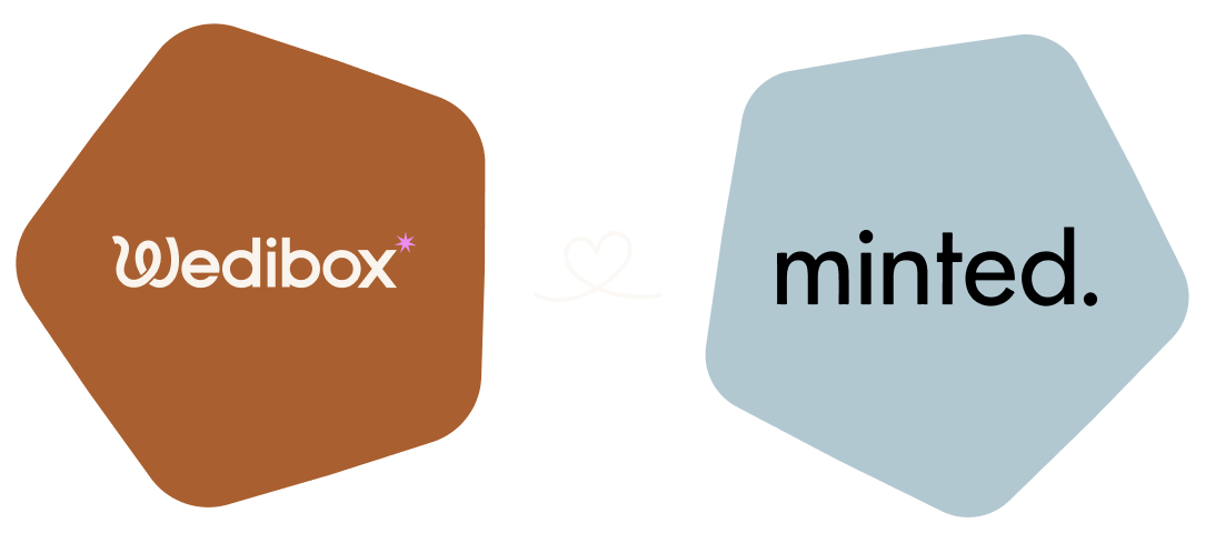 Wedibox logo in white on a brown irregular pentagon shape paired with minted. logo in black on a light blue irregular pentagon shape with a white heart symbol between them.