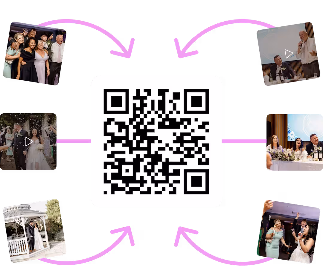 Wedding photos pointing to QR code, symbolizing Wedibox's photo sharing feature using a QR code