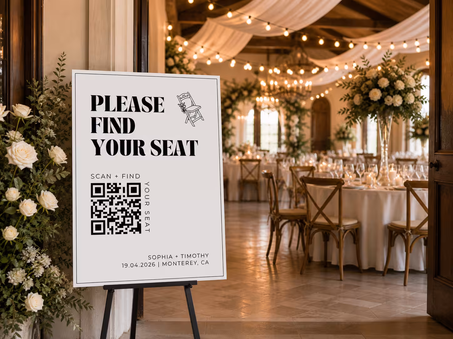 QR Code seating chart displayed at a wedding reception for guests to find their seat
