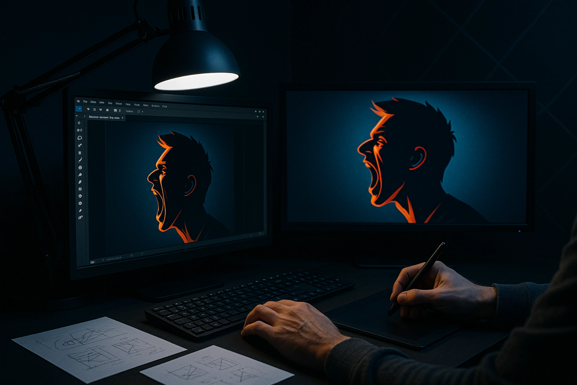 An image showing the arms and hands of a graphic designer designing an illustration of a man shouting in bold orange and dark blue colors
