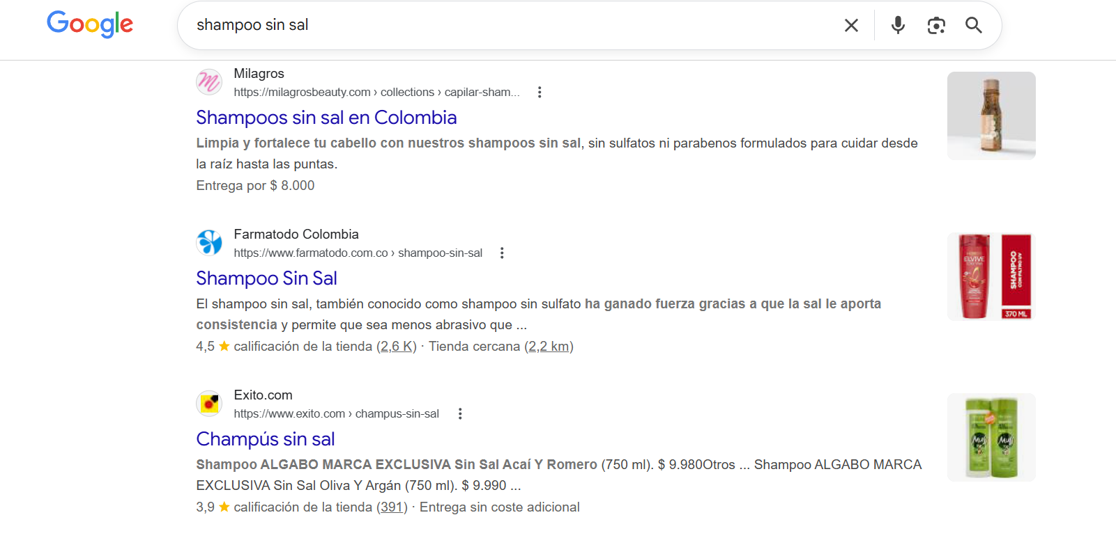 Resultados orgánicos Google de Milagros para shampoos sin sal