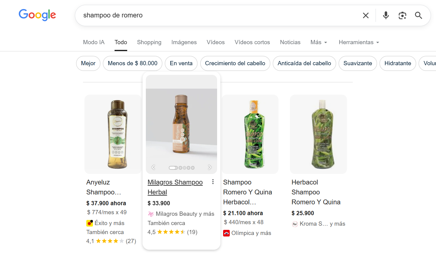 Resultados en Google en Shooping orgánico de Milagros