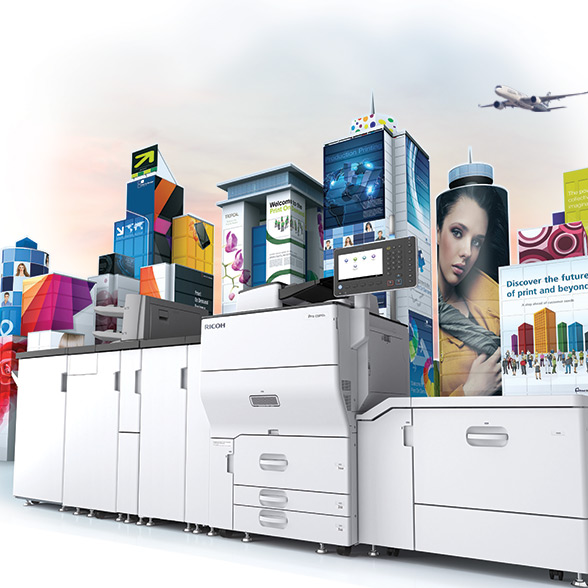 Modern Ricoh industrial printer with colorful digital billboards displayed above it and an airplane flying in the sky.