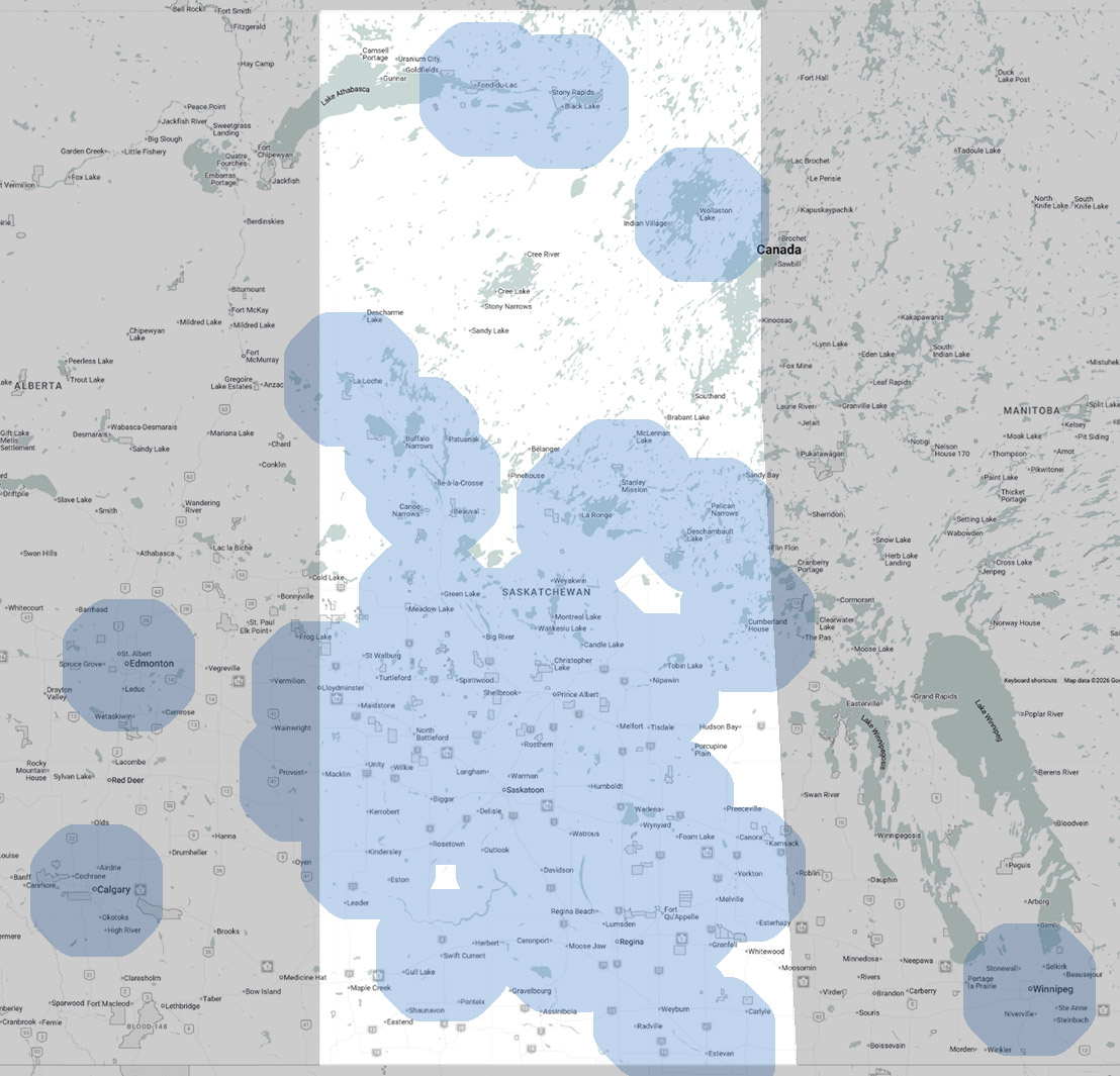 Map highlighting coverage areas across Saskatchewan, southern Alberta including Calgary and Edmonton, northern Manitoba including Winnipeg, and parts of northern Saskatchewan and northeastern Alberta.