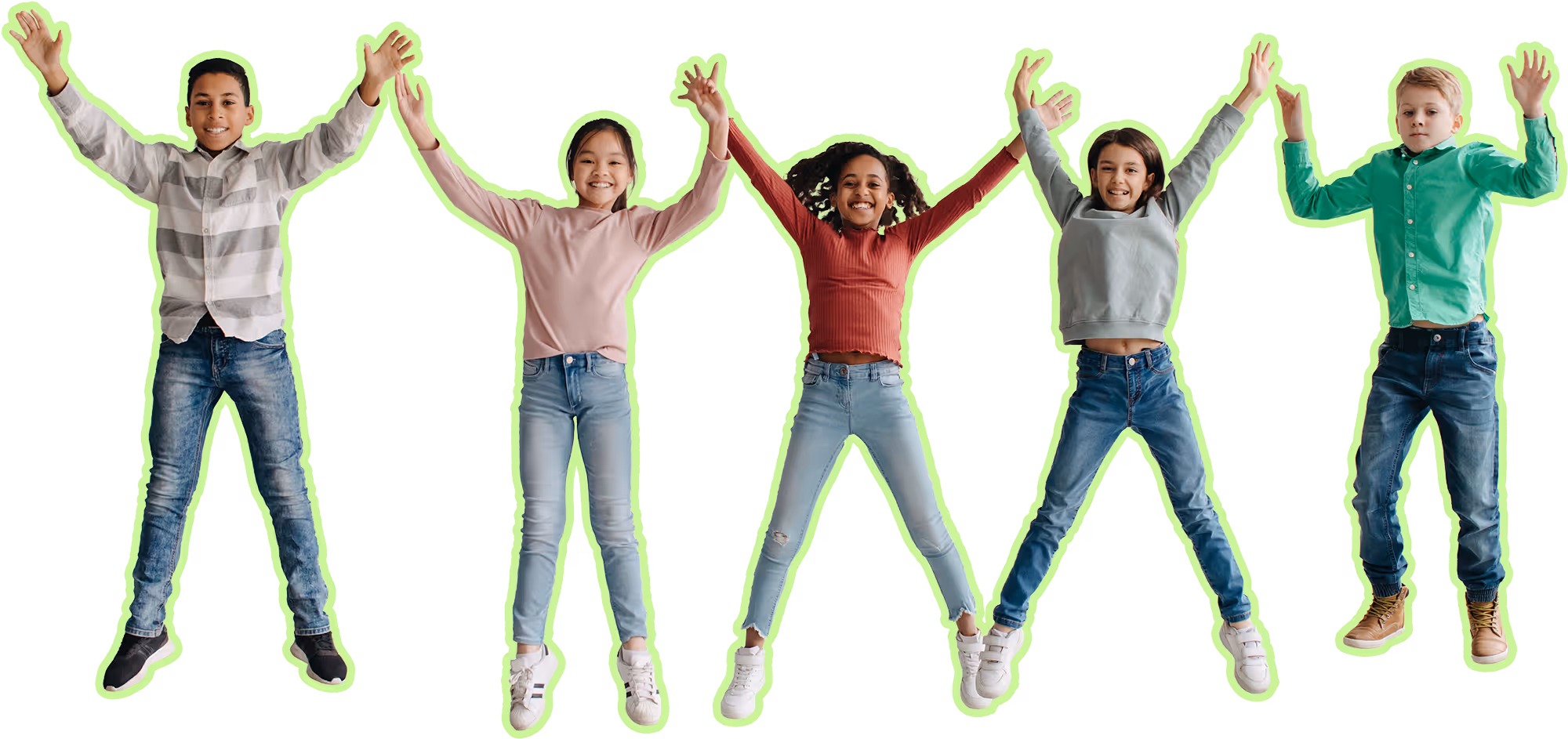 Five diverse children jumping with arms raised, smiling and wearing casual clothes against a white background.
