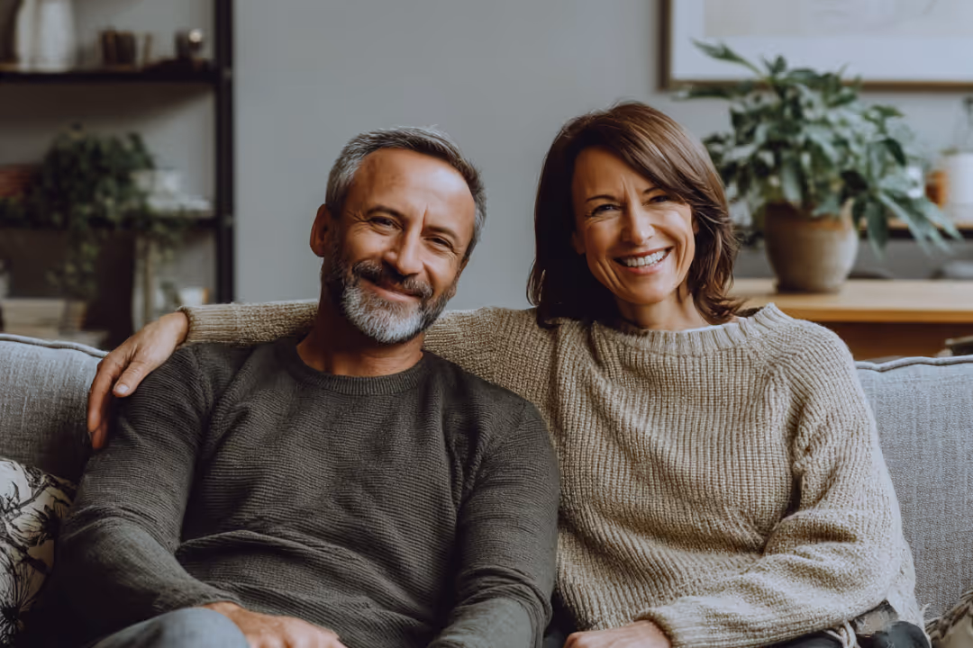 Couple sitting on a couch smiling