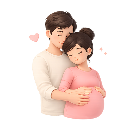 Jong stel met man die zwangere vrouw omhelst, beiden met gesloten ogen en liefdevolle gezichten.