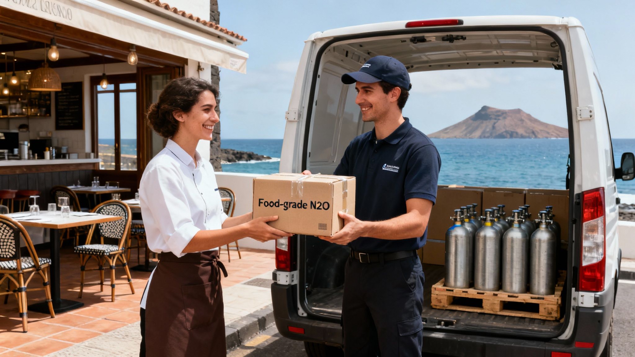 Delivery driver hands food-grade N2O package to a smiling restaurant worker by the sea.