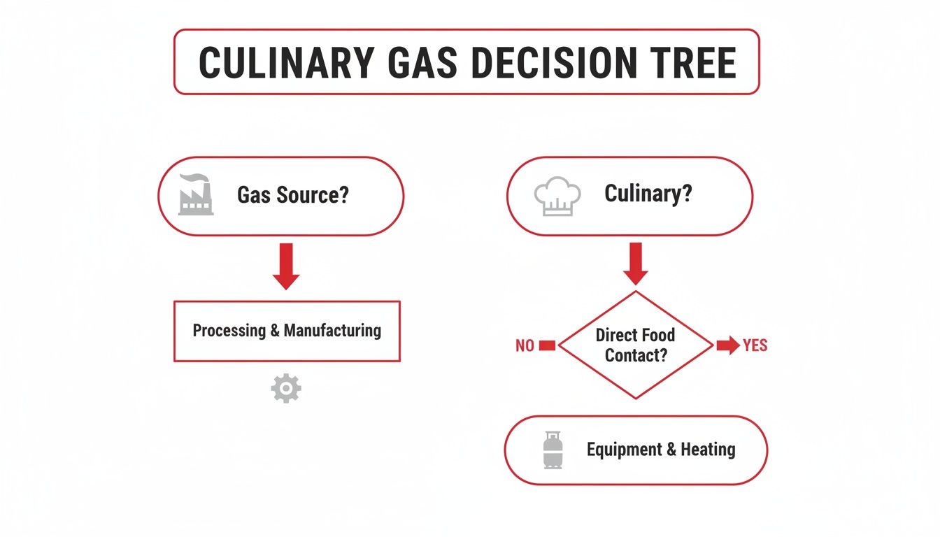 Culinary gas decision tree flowchart illustrating decisions for gas source, processing, and direct food contact.