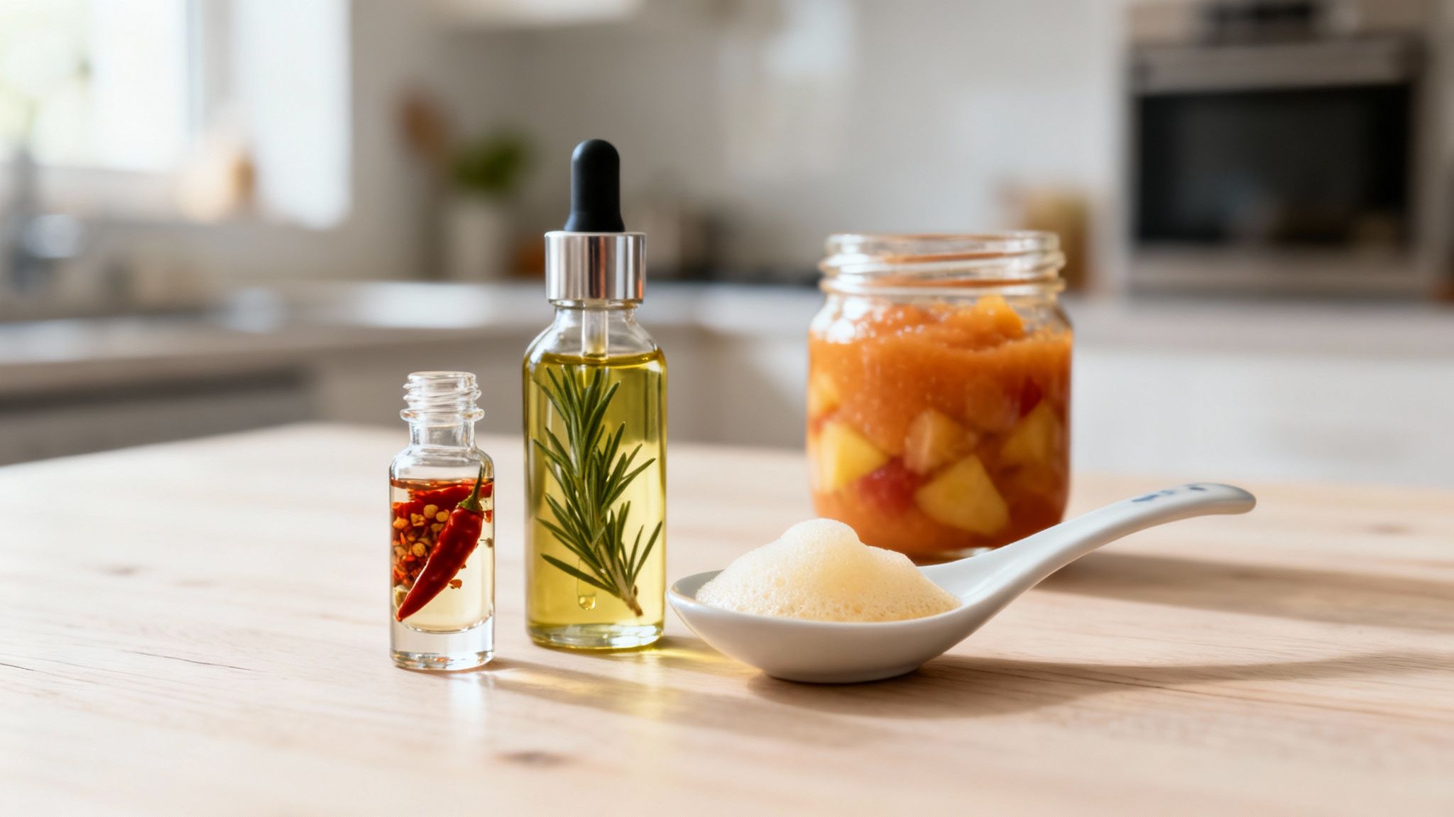 Various homemade ingredients on a wooden kitchen counter: chili oil, rosemary oil, fruit compote, and a foamy spoonful.