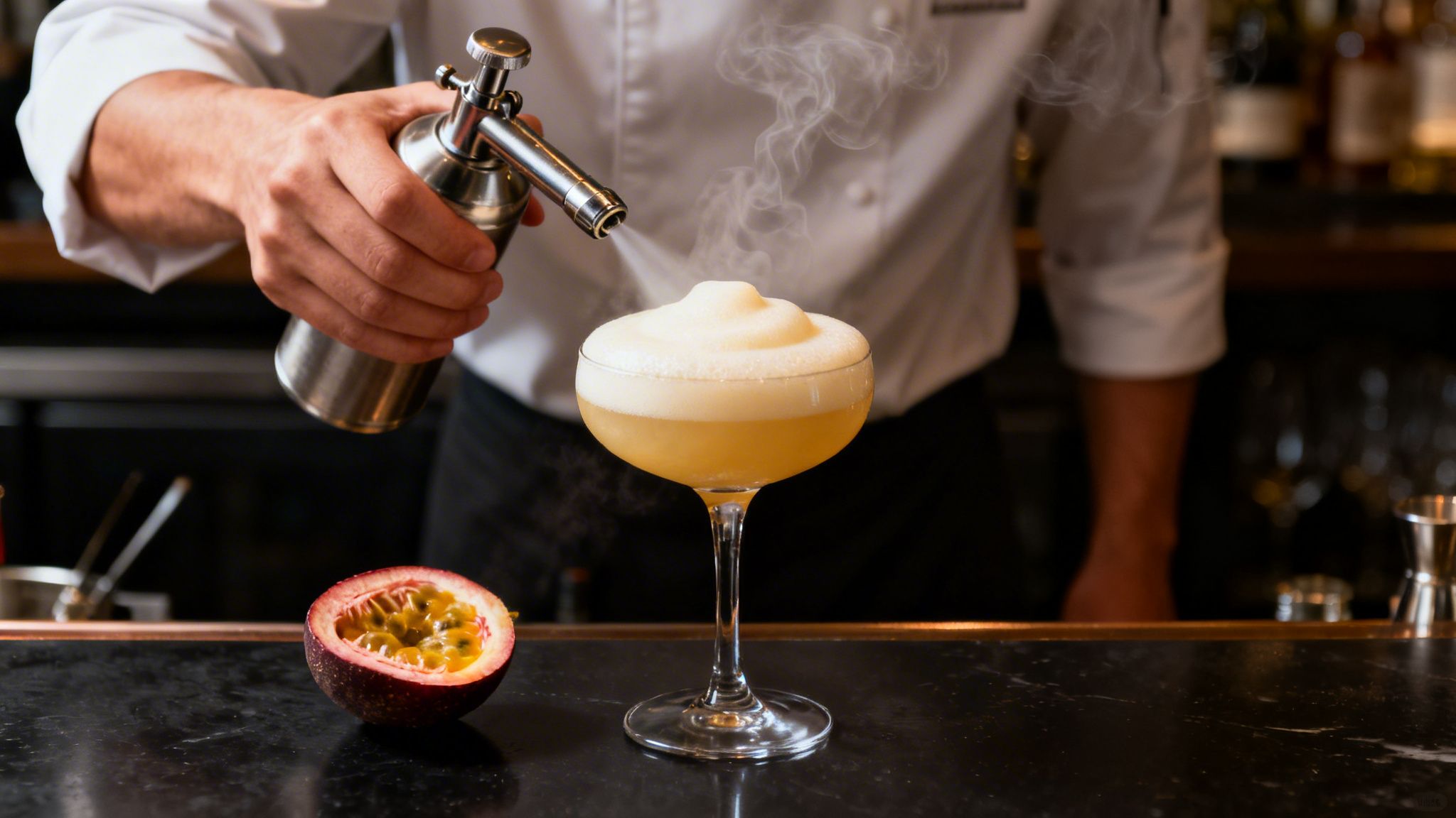 Bartender smoking a foamy yellow cocktail with a torch, next to a halved passion fruit on a bar.
