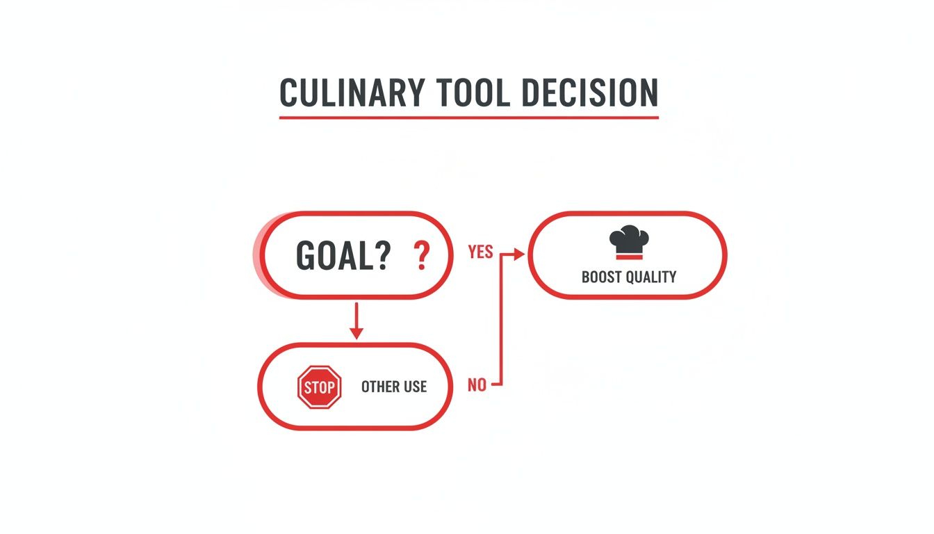 A culinary tool decision flowchart illustrating the process to boost quality or for other uses.