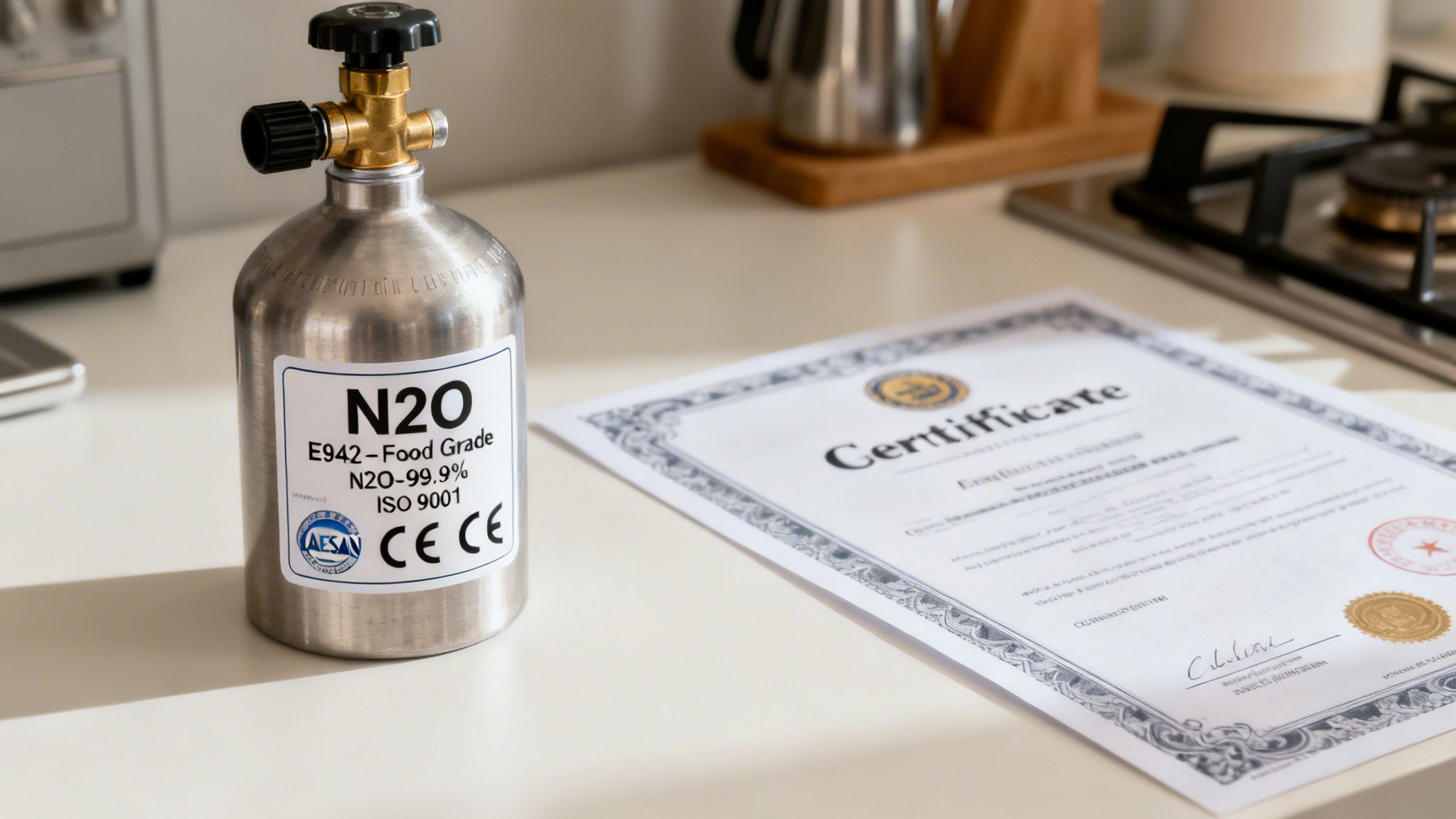 A food-grade N2O nitrous oxide cylinder with a brass valve next to a certificate on a kitchen counter.