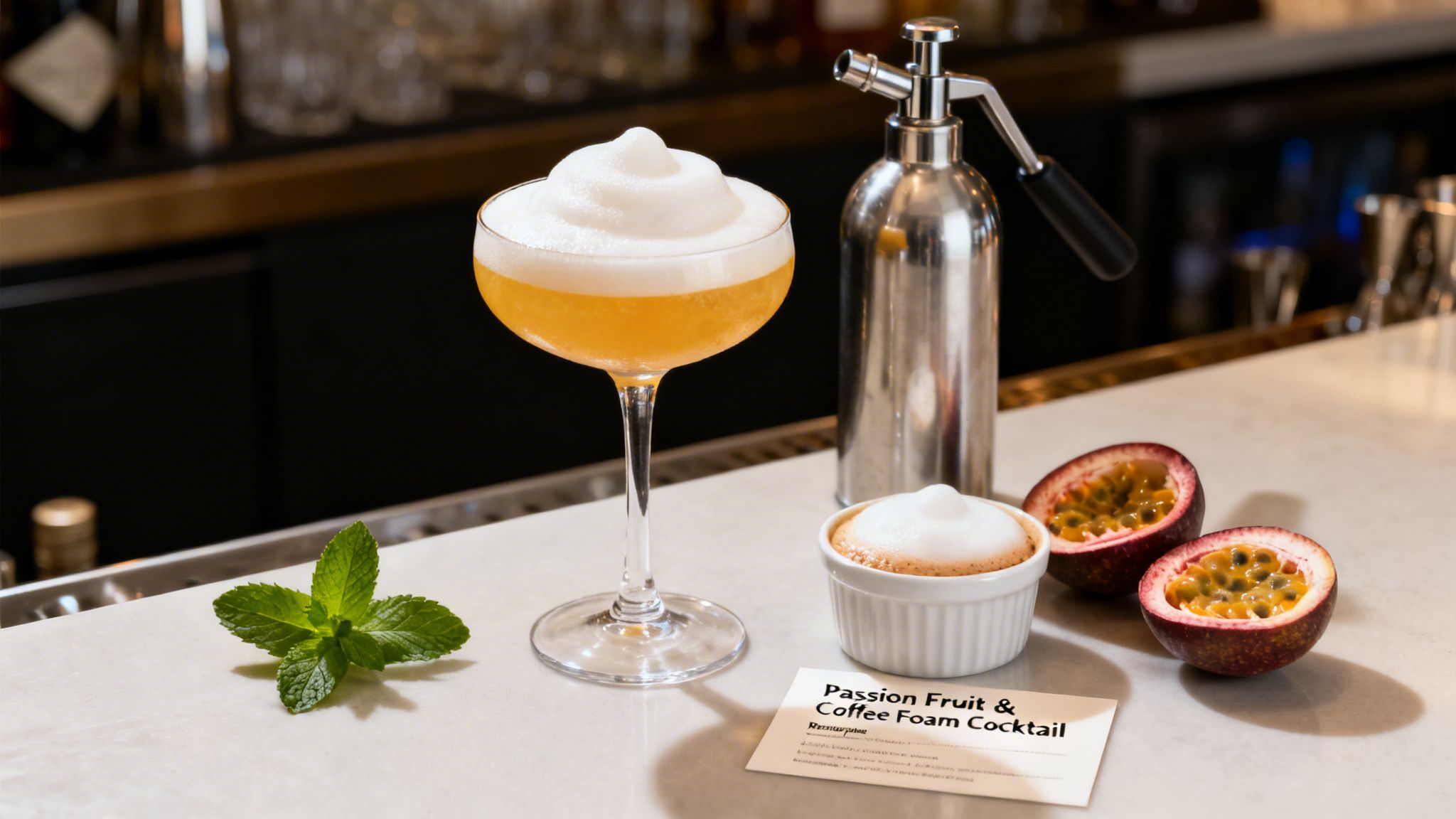 A Passion Fruit & Coffee Foam Cocktail in a glass with passion fruits, mint, and a soda siphon on a bar.
