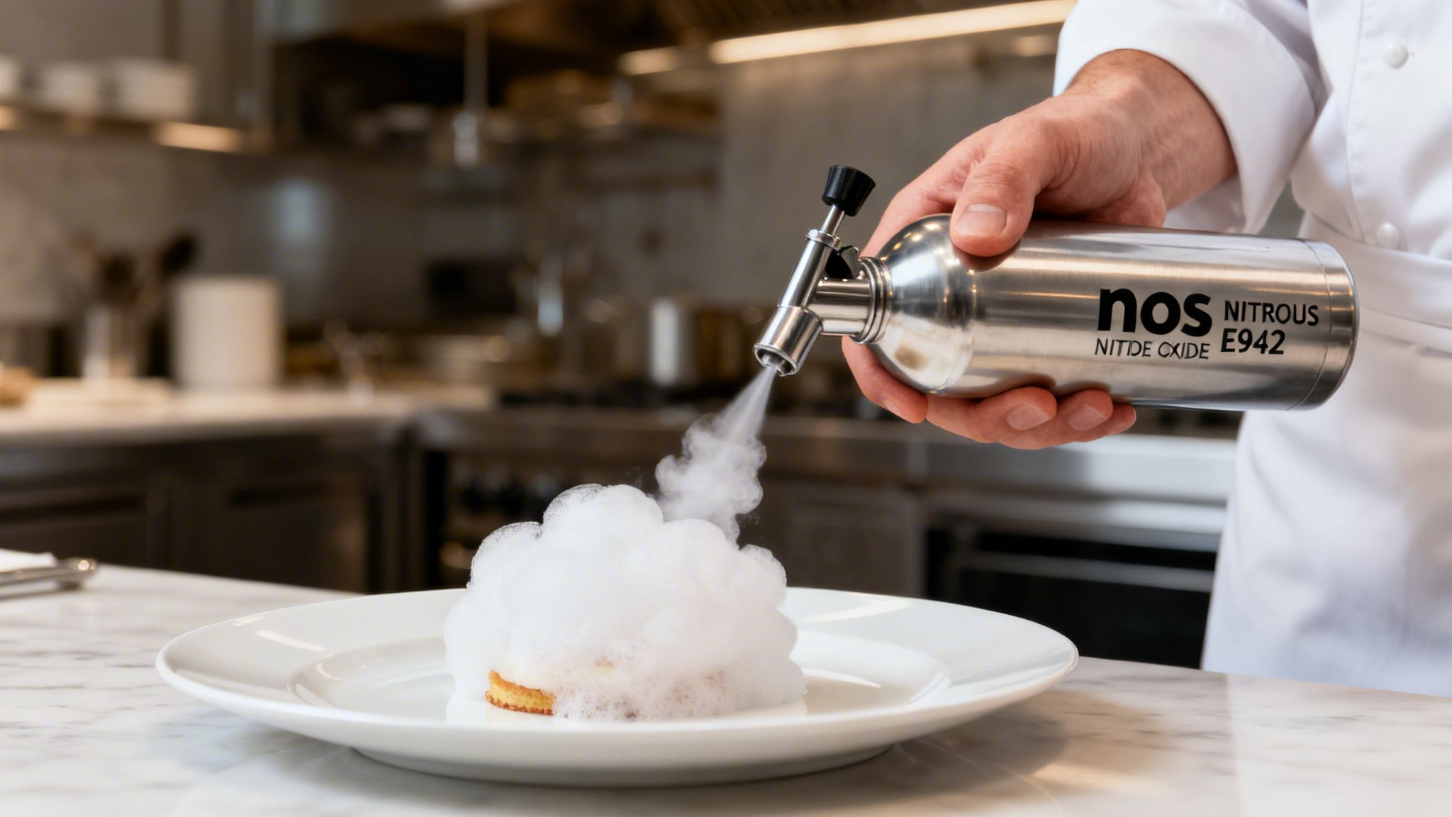 A chef's hand dispenses nitrous oxide from a cylinder onto a dessert, creating foam in a kitchen.
