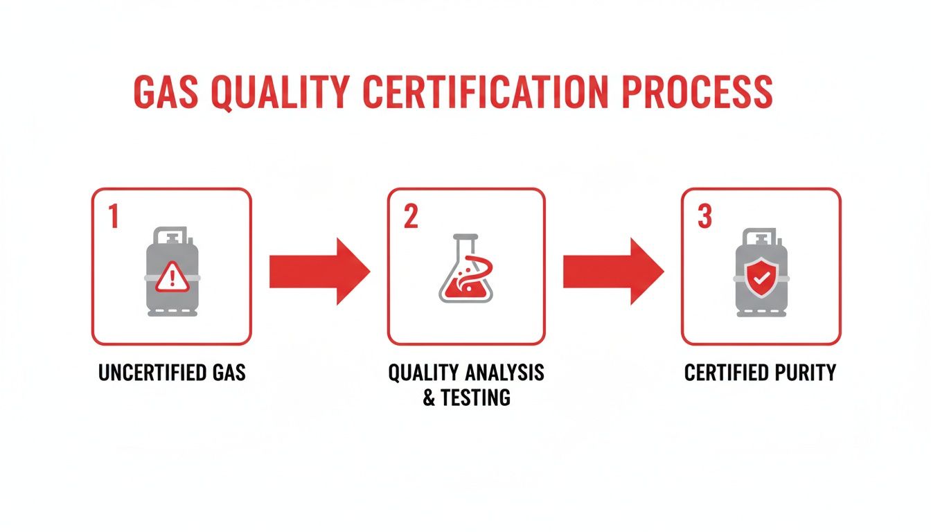 Diagram illustrating the three-step gas quality certification process: uncertified gas, analysis, and certified purity.
