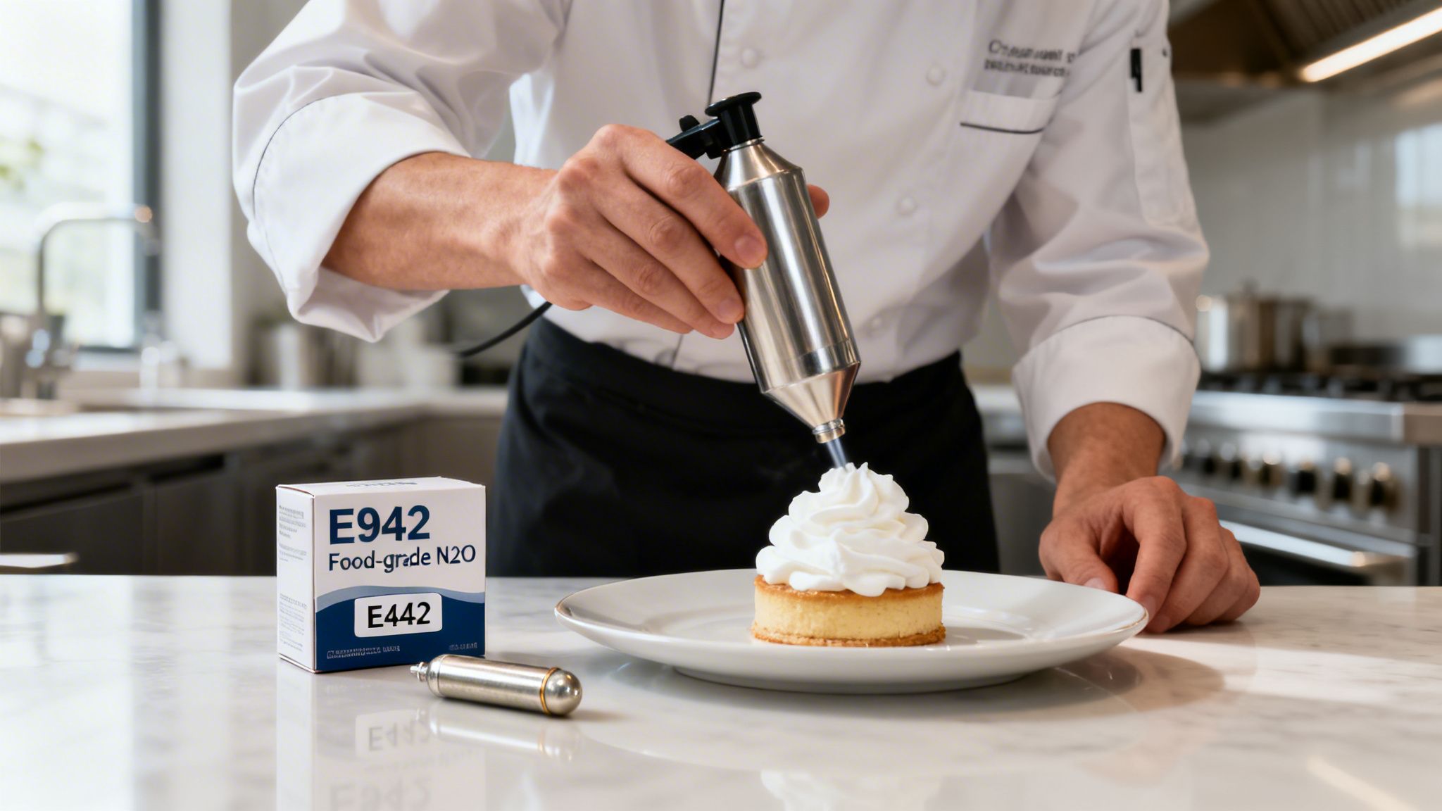 A chef uses a culinary torch to caramelize whipped cream on a dessert next to food-grade N2O.
