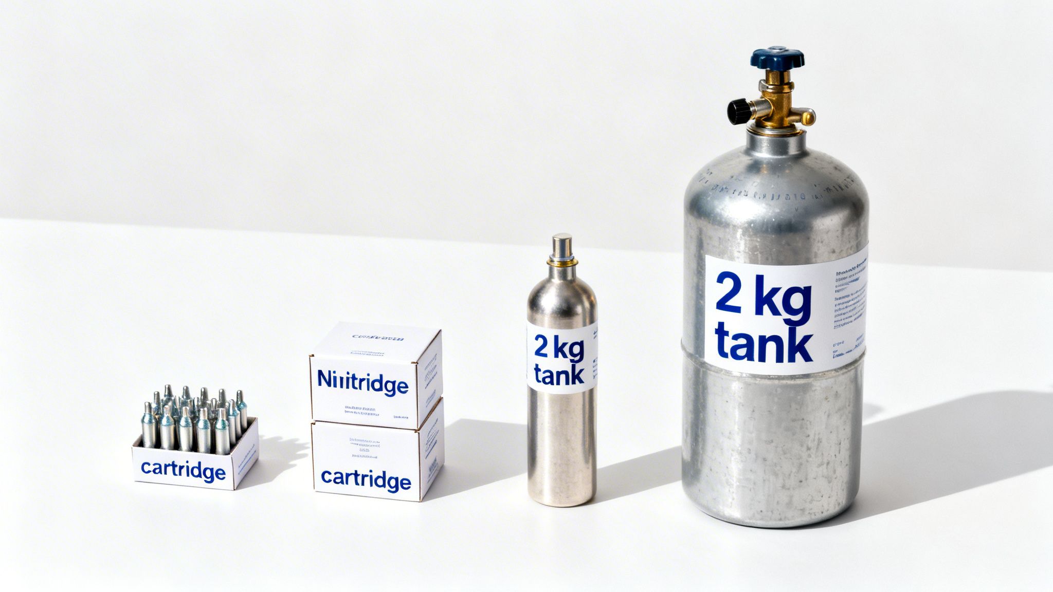 A collection of nitrous oxide canisters and tanks, including cartridges, small and large 2kg tanks.