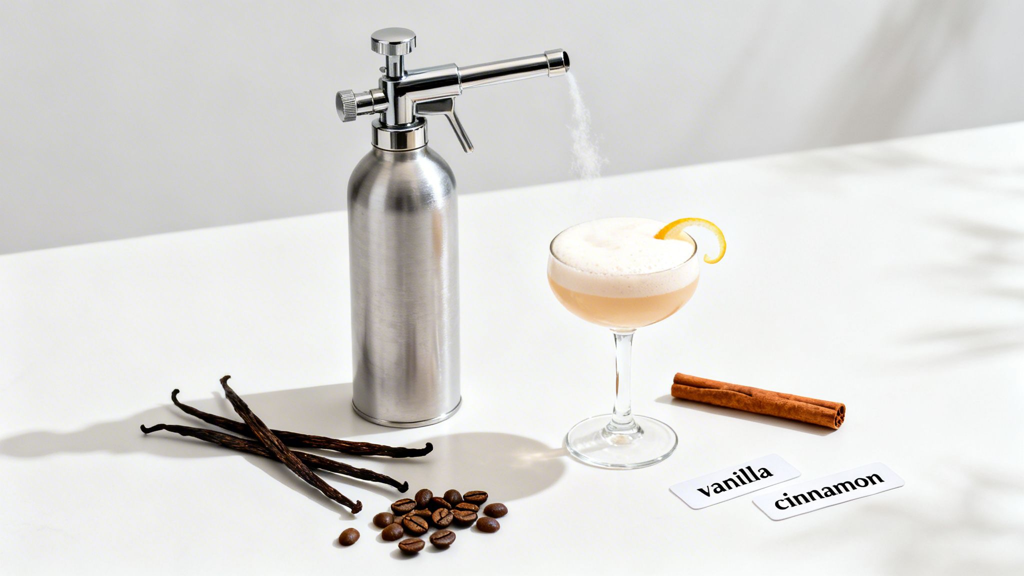 A cream dispenser sprays mist over a cocktail, with vanilla, coffee beans, and cinnamon nearby.