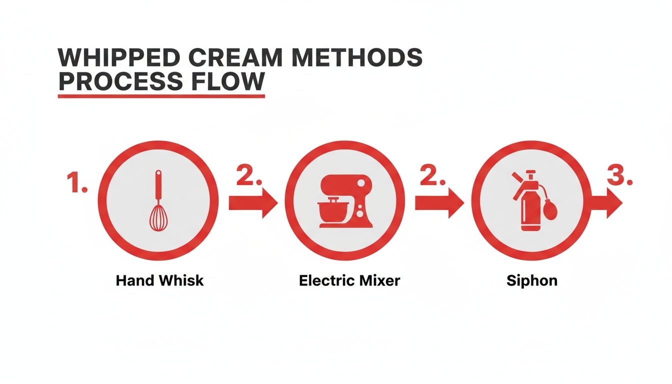 Process flow diagram illustrating three methods for making whipped cream: Hand Whisk, Electric Mixer, and Siphon.